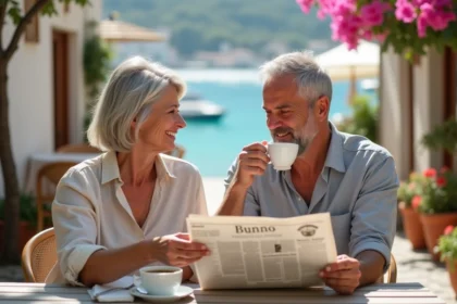 Couple de retraités savourant un café en terrasse dans une ville côtière méditerranéenne ensoleillée