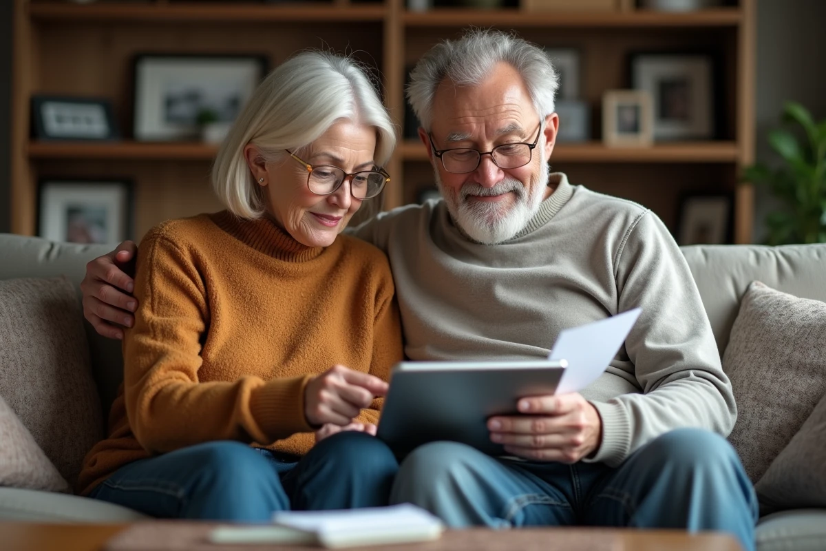 Couple de retraités consultant ensemble leurs avantages retraite sur une tablette dans leur salon