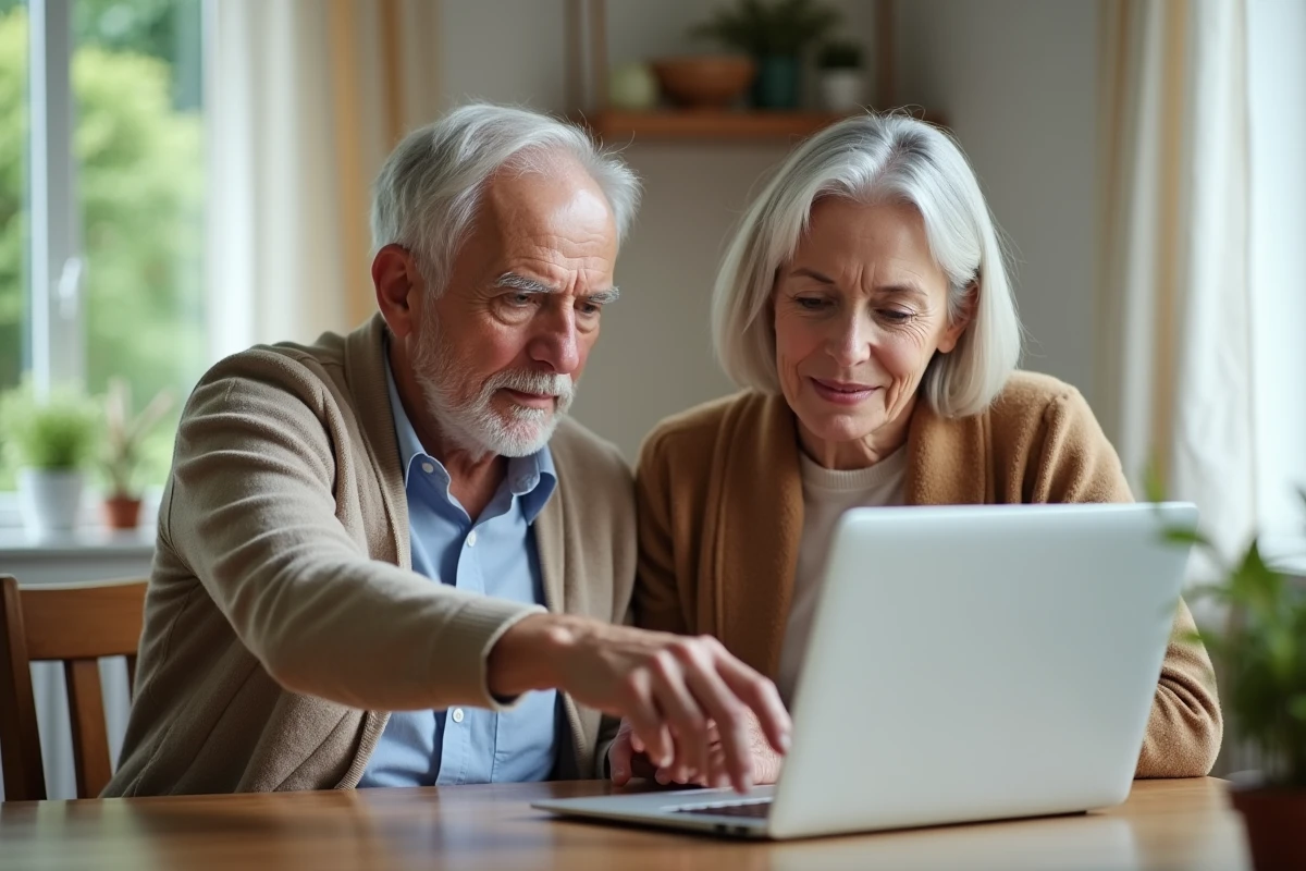 Couple de retraités qui envoie des documents en ligne pour leur retraite Agirc-Arrco