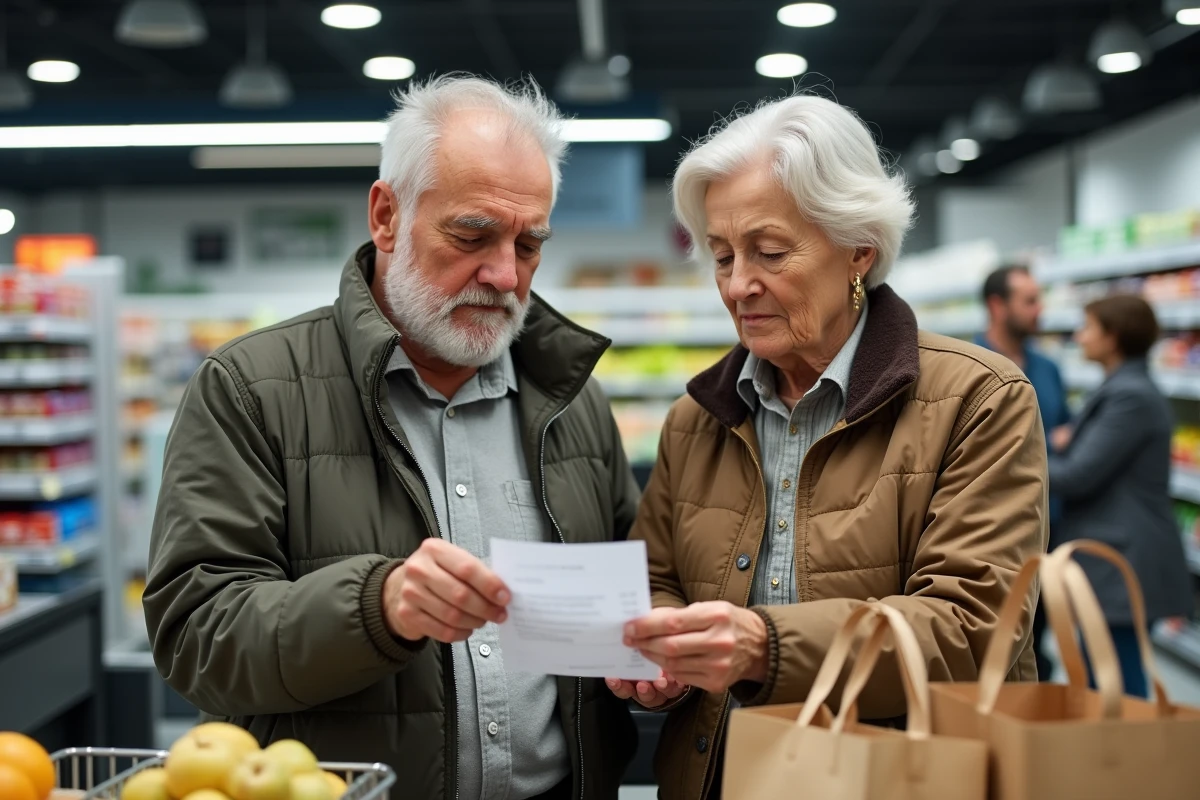 Couple de retraités au supermarché examinant leur ticket de caisse, illustrant l'impact de la baisse Agirc-Arrco sur le pouvoir d'achat