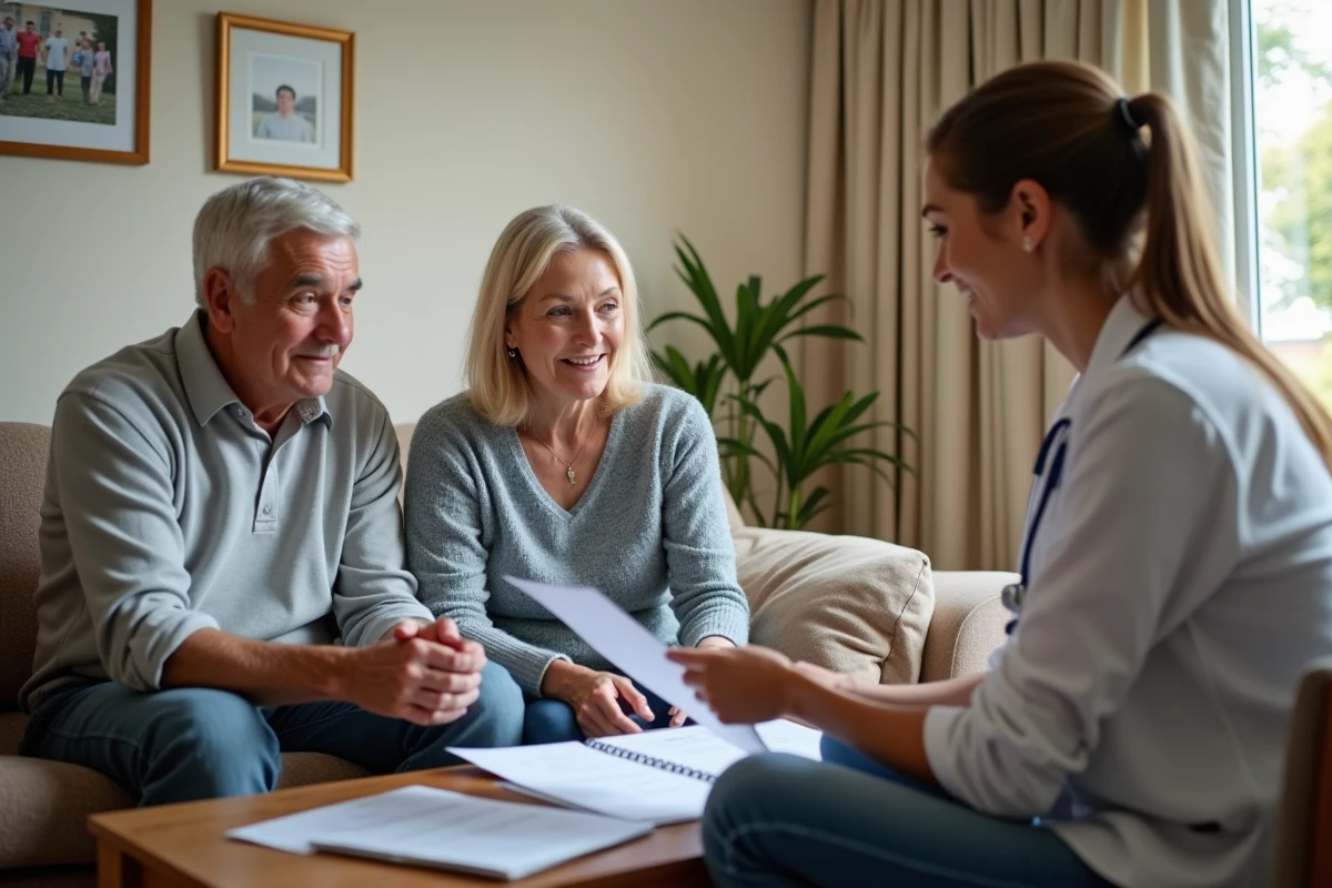 Couple senior recevant une évaluation dans leur salon lumineux