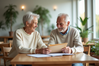 Couple senior souriant à la maison avec documents
