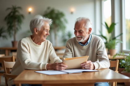 Couple senior souriant à la maison avec documents