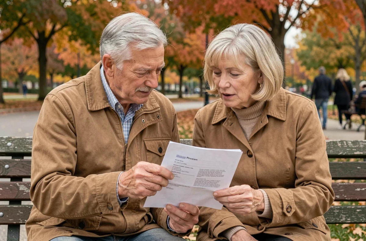 Un couple de seniors en parc examine ensemble leur relevé de carrière pour estimer leurs trimestres de retraite manquants