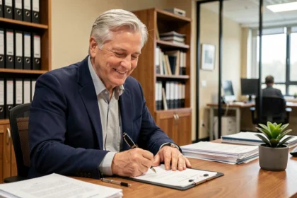 Homme cadre en fin de carrière signant sa lettre de départ anticipé à la retraite dans un bureau professionnel
