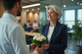 Collègue remettant un bouquet à une femme lors de son départ à la retraite dans un bureau moderne