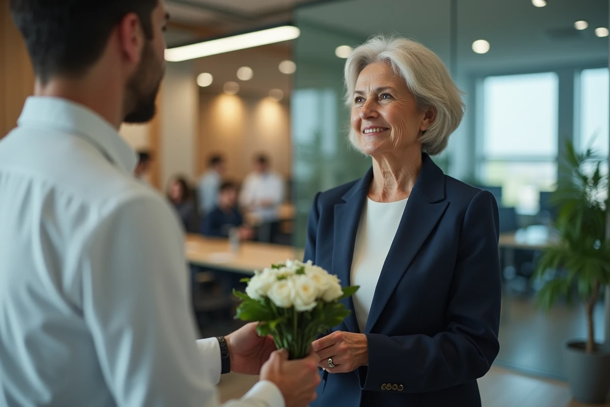 Collègue remettant un bouquet à une femme lors de son départ à la retraite dans un bureau moderne