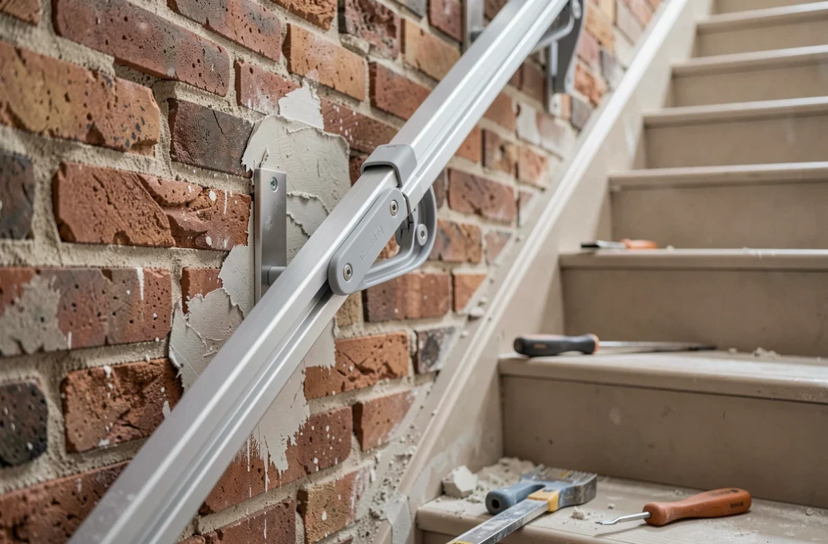 Détail d'un rail de monte-escalier fixé sur un mur en brique dans un escalier domestique étroit en cours de rénovation
