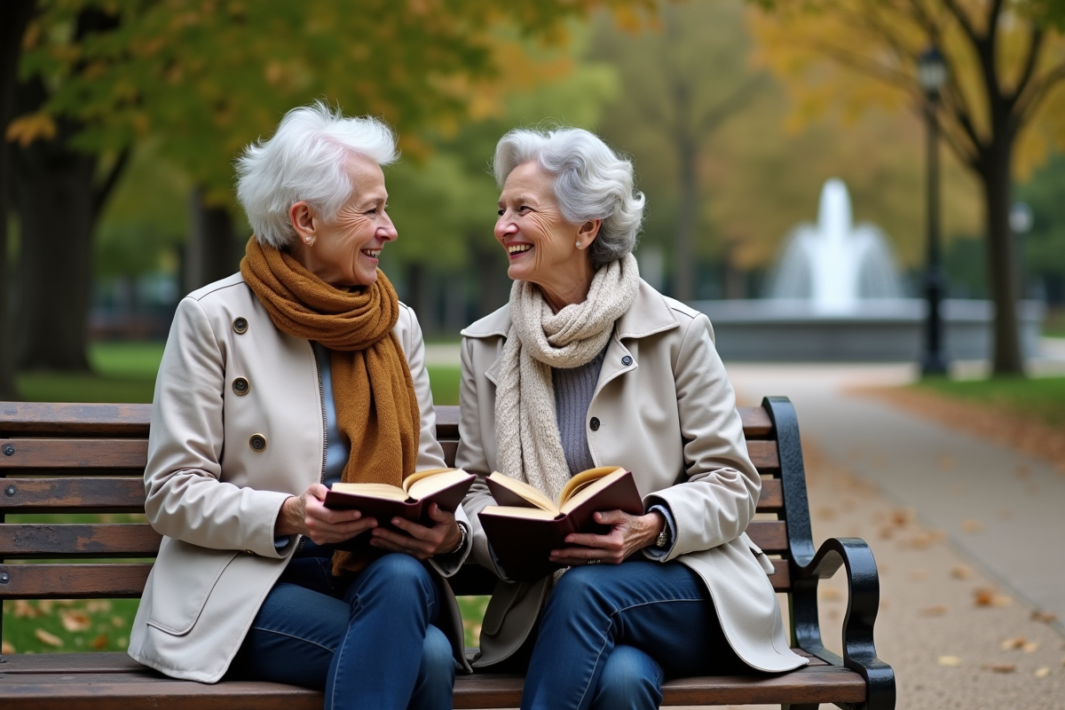Deux femmes âgées partageant un livre dans un parc en automne