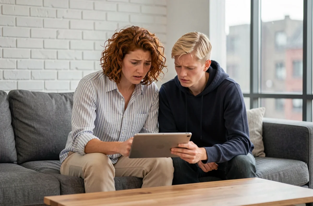 Deux personnes cherchant ensemble une solution pour télécharger Mon Proxima sur une tablette