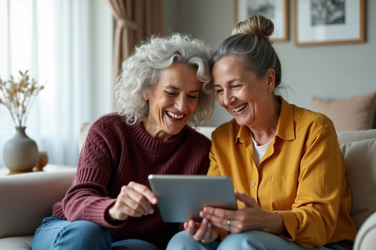Deux femmes seniors partageant une tablette sur un canapé, explorant ensemble la plateforme Philomène Senior avec enthousiasme