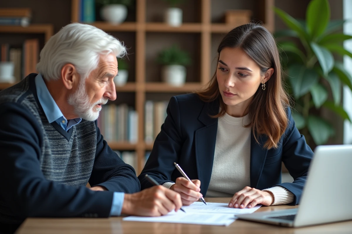 Rencontre entre un locataire senior et une jeune propriétaire pour discuter des droits et protections liés au bail immobilier