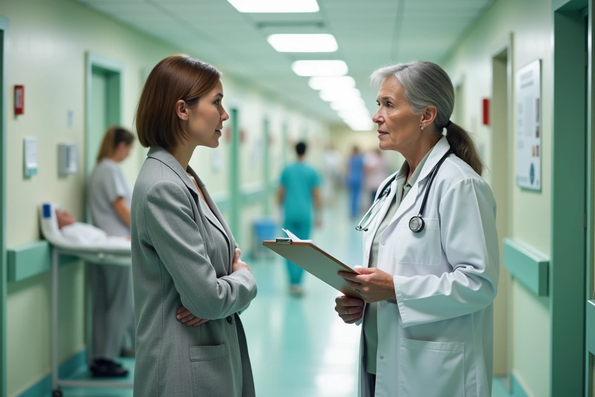 Une fille discute avec un médecin gériatre pour comprendre et contester la grille GIR de son parent