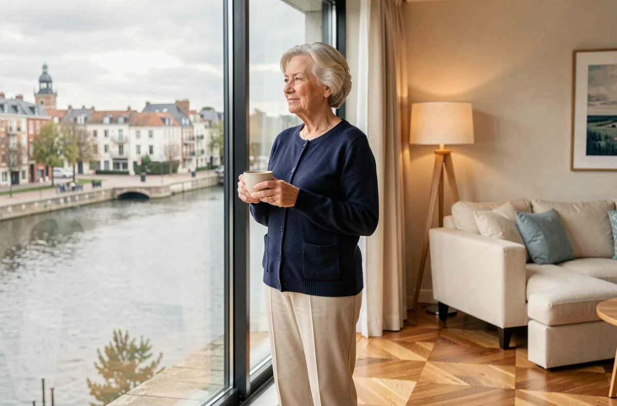 Femme senior dans son appartement de la résidence Domitys Le Cours du Cher à Tours avec vue sur la rivière