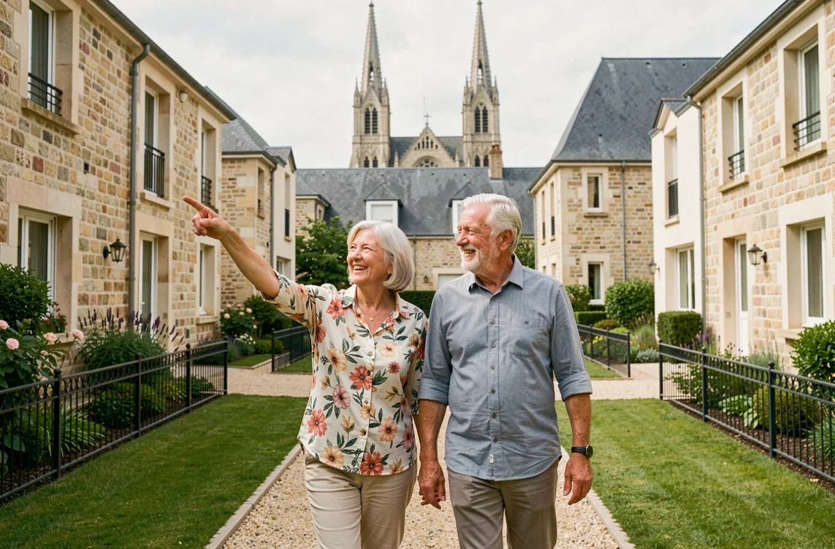 Couple de seniors se promenant dans le jardin de la résidence Domitys Les Clés d'Or à Chartres avec la cathédrale en arrière-plan
