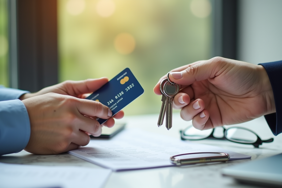 Main échangeant une carte bancaire et des clés sur un plan en marbre