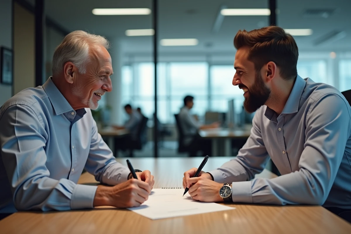 Homme et professionnel des ressources humaines échangeant des documents dans une salle de réunion