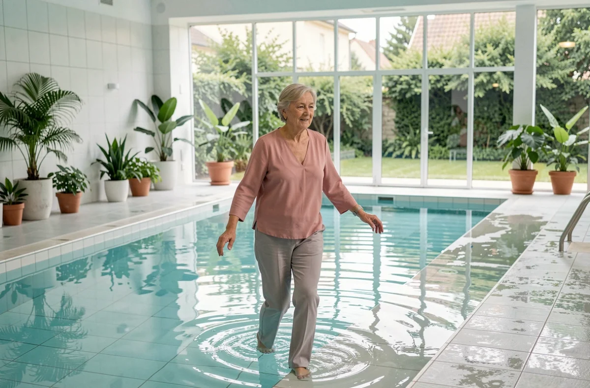 Femme senior participant à une séance d'aquagym dans la piscine intérieure de la résidence Edenea Tours