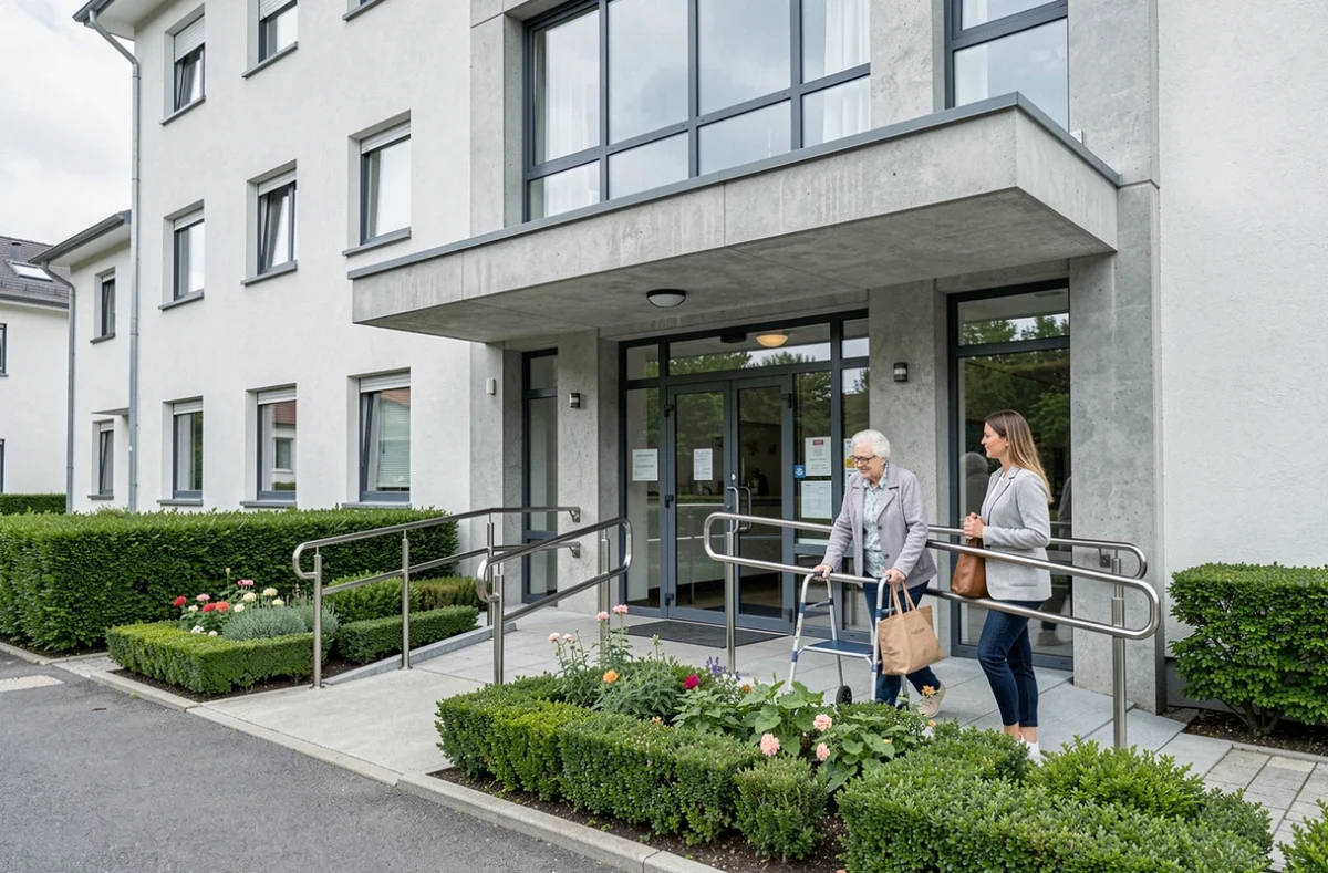Entrée accessible de l'EHPAD de l'agglomération mulhousienne à Sausheim avec résidente et visiteur