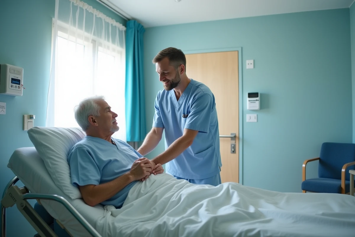 Aide-soignant accompagnant un résident âgé dans une chambre d'EHPAD médicalisé, illustrant les soins quotidiens et l'accompagnement médical en établissement