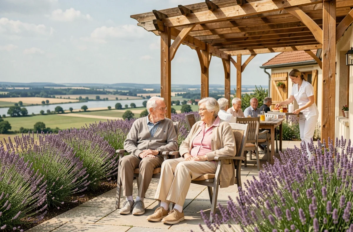 Couple de résidents sur la terrasse de l'EHPAD de Bantzenheim avec vue sur la plaine du Rhin