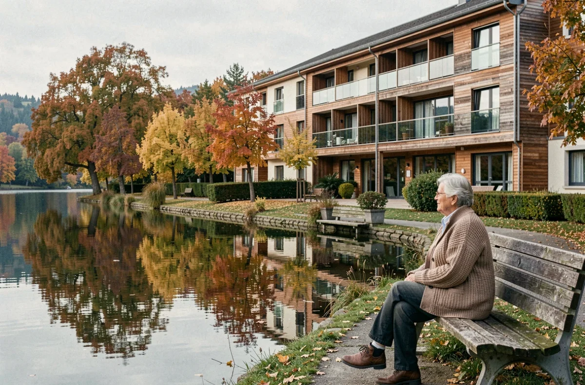 Résidente profitant de la vue sur le lac près de l'EHPAD Home des 4 Saisons à Puttelange-aux-Lacs
