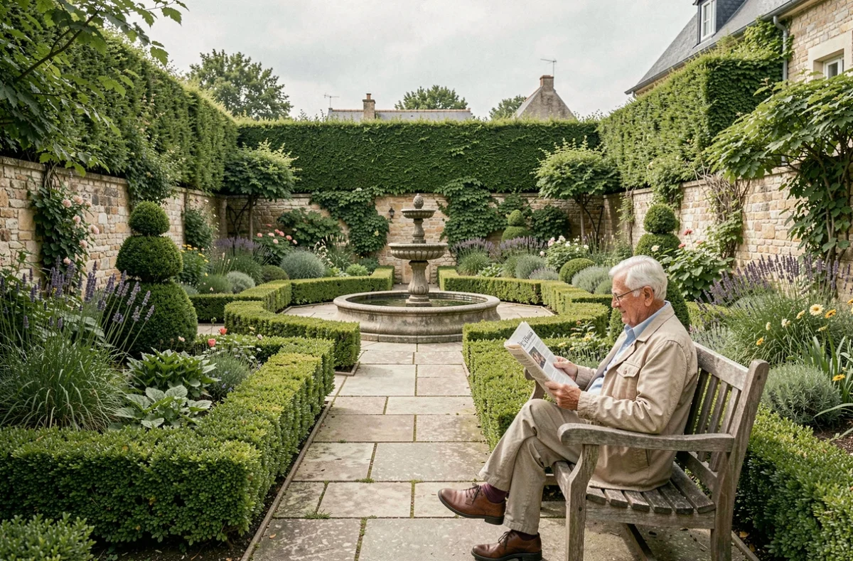 Résident lisant dans le jardin intérieur de l'EHPAD Jardins Saint-Jacques à Dieuze