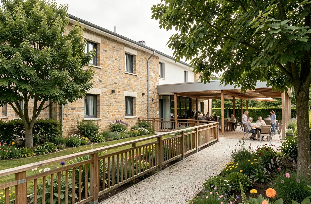 Vue d'ensemble d'un EHPAD en Moselle avec jardin et façade accueillante