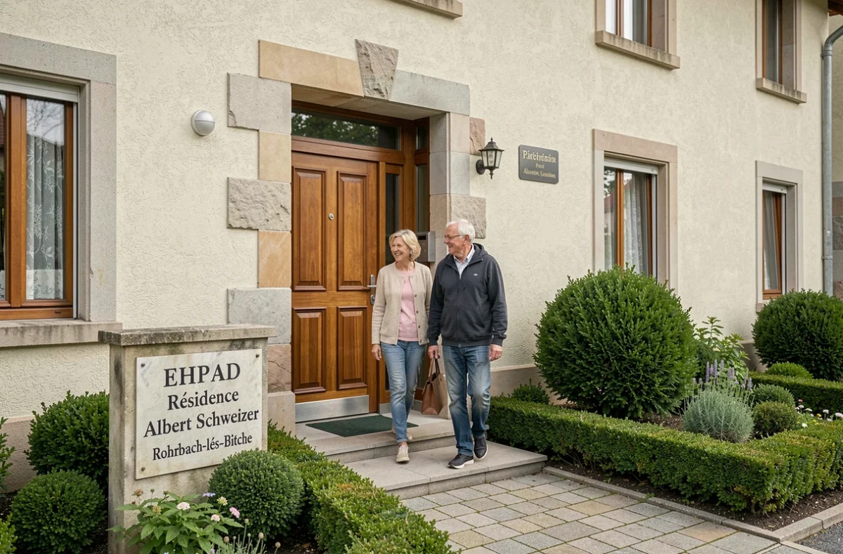 Façade de l'EHPAD Résidence Albert Schweitzer à Rohrbach-lès-Bitche avec couple de résidents