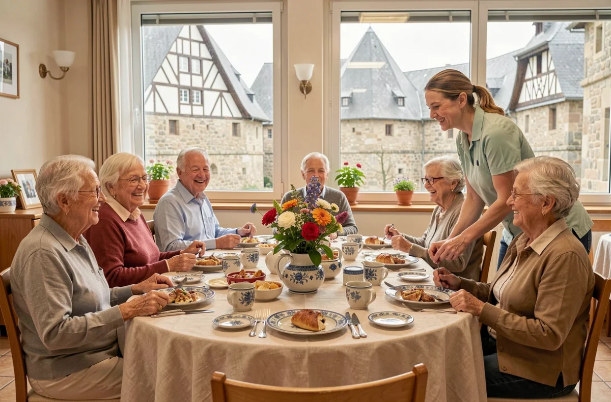 Repas en commun dans la salle à manger de l'EHPAD Résidence Xavier Jourdain à Neuf-Brisach