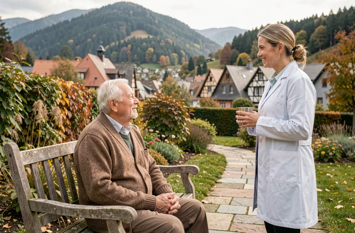 Résident âgé dans le jardin de l'EHPAD de Sainte-Marie-aux-Mines avec panorama vosgien