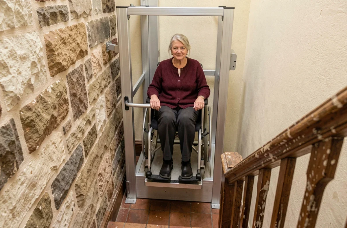 Élévateur PMR vertical installé dans un escalier étroit d'un immeuble ancien en rénovation, avec une femme en fauteuil roulant utilisant la plateforme