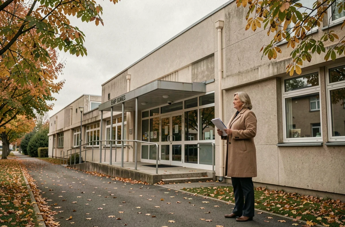 Femme devant l'entrée d'un EHPAD tenant des documents relatifs à une habilitation familiale et un refus de placement