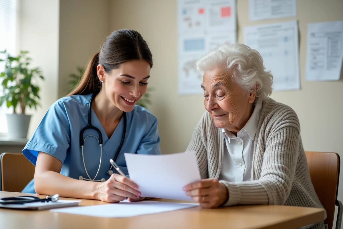 Infirmière gériatrique réalisant une évaluation fonctionnelle ADL avec une patiente âgée en milieu clinique