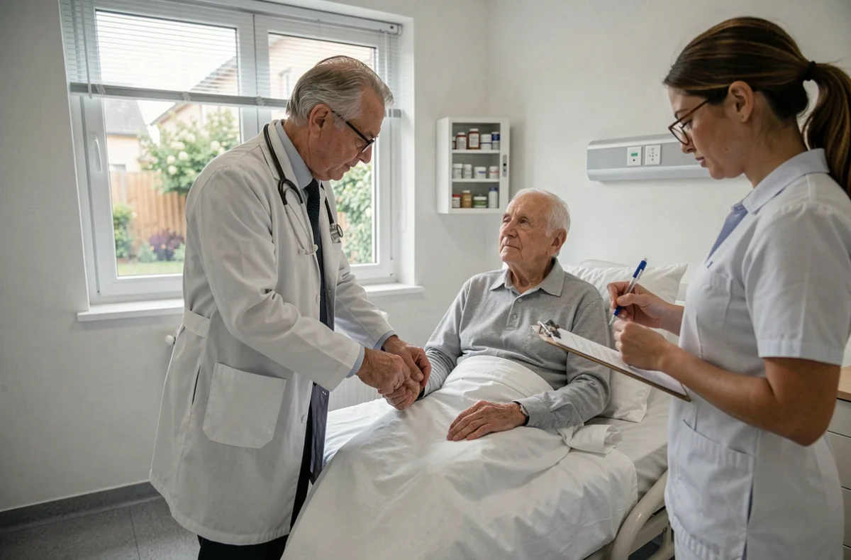 Médecin évaluant l'état de santé d'un résident âgé en Ehpad entouré de l'équipe soignante