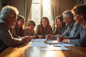 Famille de générations autour d'une table avec documents légaux