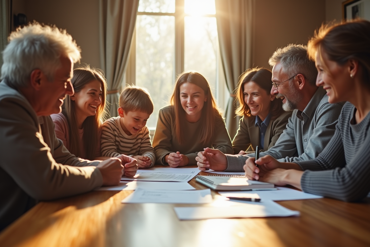Famille de générations autour d'une table avec documents légaux