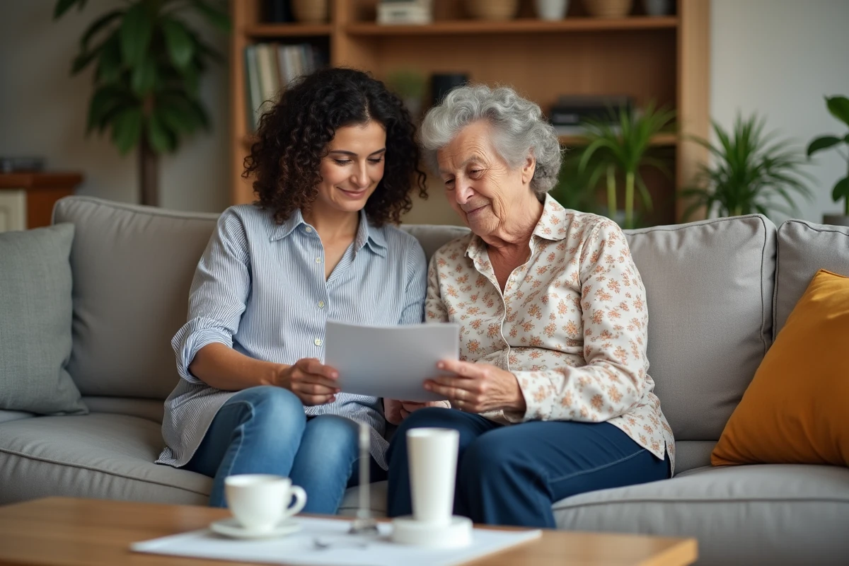 Fille adulte et mère âgée consultant une brochure de monte escaliers portable à domicile