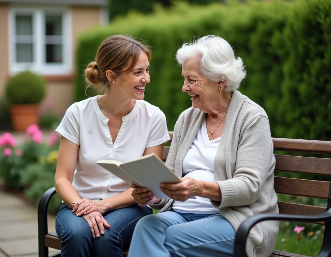 Fille adulte et sa mère senior consultant une brochure de service d'accompagnement à domicile dans un jardin