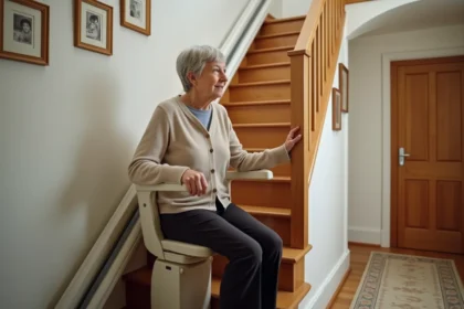 Femme âgée assise sur un monte escalier fixe à domicile, solution de maintien à domicile