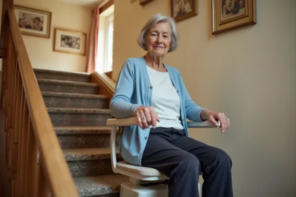 Femme âgée utilisant un monte escaliers portable dans une maison traditionnelle française