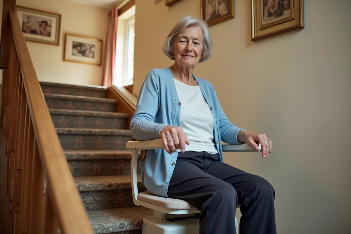 Femme âgée utilisant un monte escaliers portable dans une maison traditionnelle française
