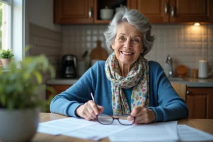 Femme agee souriante examine des papiers officiels à la maison