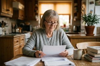 Une femme âgée examine des documents liés à la planification de ses obsèques à son domicile