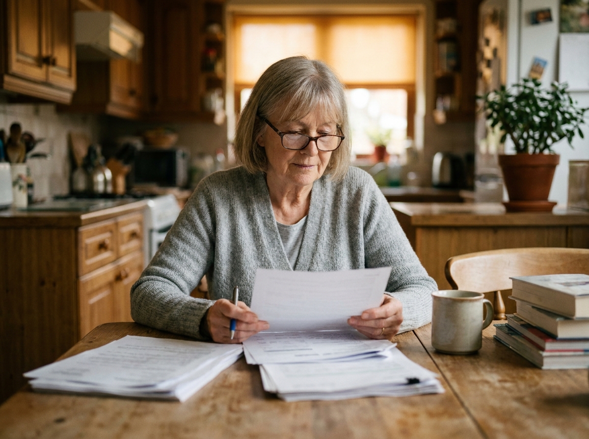 Une femme âgée examine des documents liés à la planification de ses obsèques à son domicile