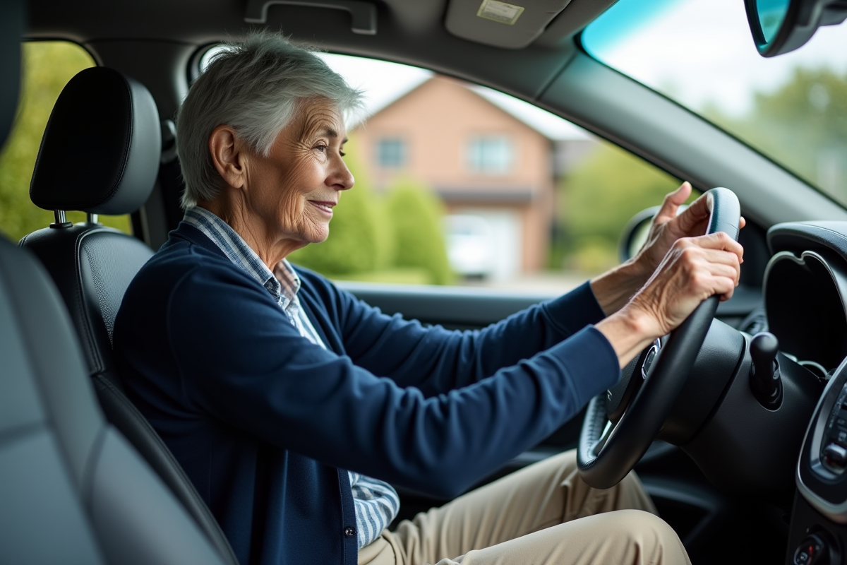 Femme âgée ajustant son miroir dans une voiture moderne