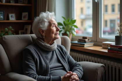Femme agee pensant près d'une fenêtre de salon