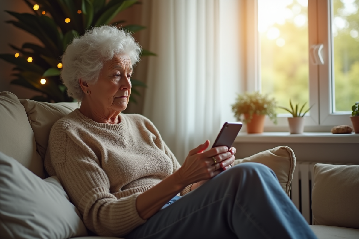 Femme âgée assise seule sur un canapé lumineux regardant son smartphone