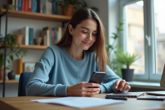 Jeune femme utilisant une application d'aide sur son smartphone à la maison