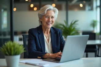 Femme souriante au bureau en blazer navy et blouse claire
